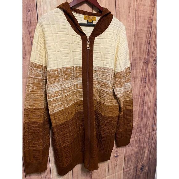 PRESTIGE ORIGINAL L Wool Hooded Sweater Knit Jacket Brown Cardigan zip up men’s - Picture 3 of 8